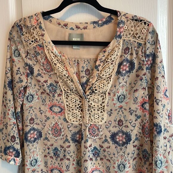 Anthropologie Maeve Size 0 Stillwater Blouse Neutral Motif Beige Floral Crochet - Picture 2 of 7